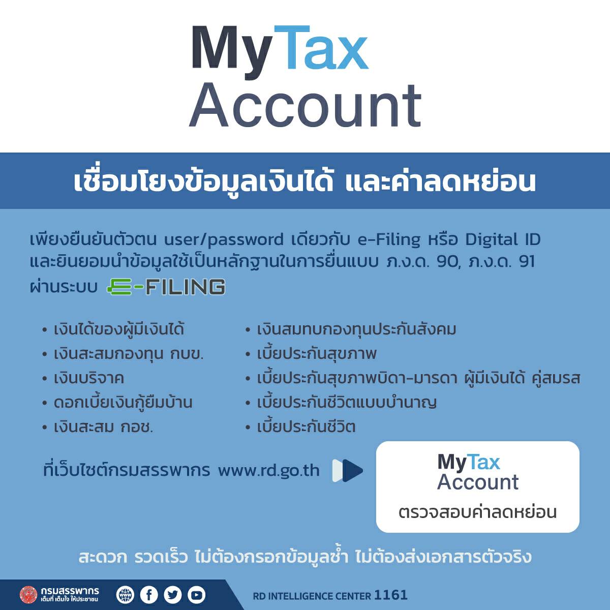 My Tax Account เชื่อมโยงข้อมูลรายได้ ค่าลดหย่อนทั้งหน่วยงานรัฐและเอกชน  ยื่นแบบ ภ.ง.ด.90/91 ผ่าน e-Filing สะดวก ไม่ต้องกรอกข้อมูลซ้ำ