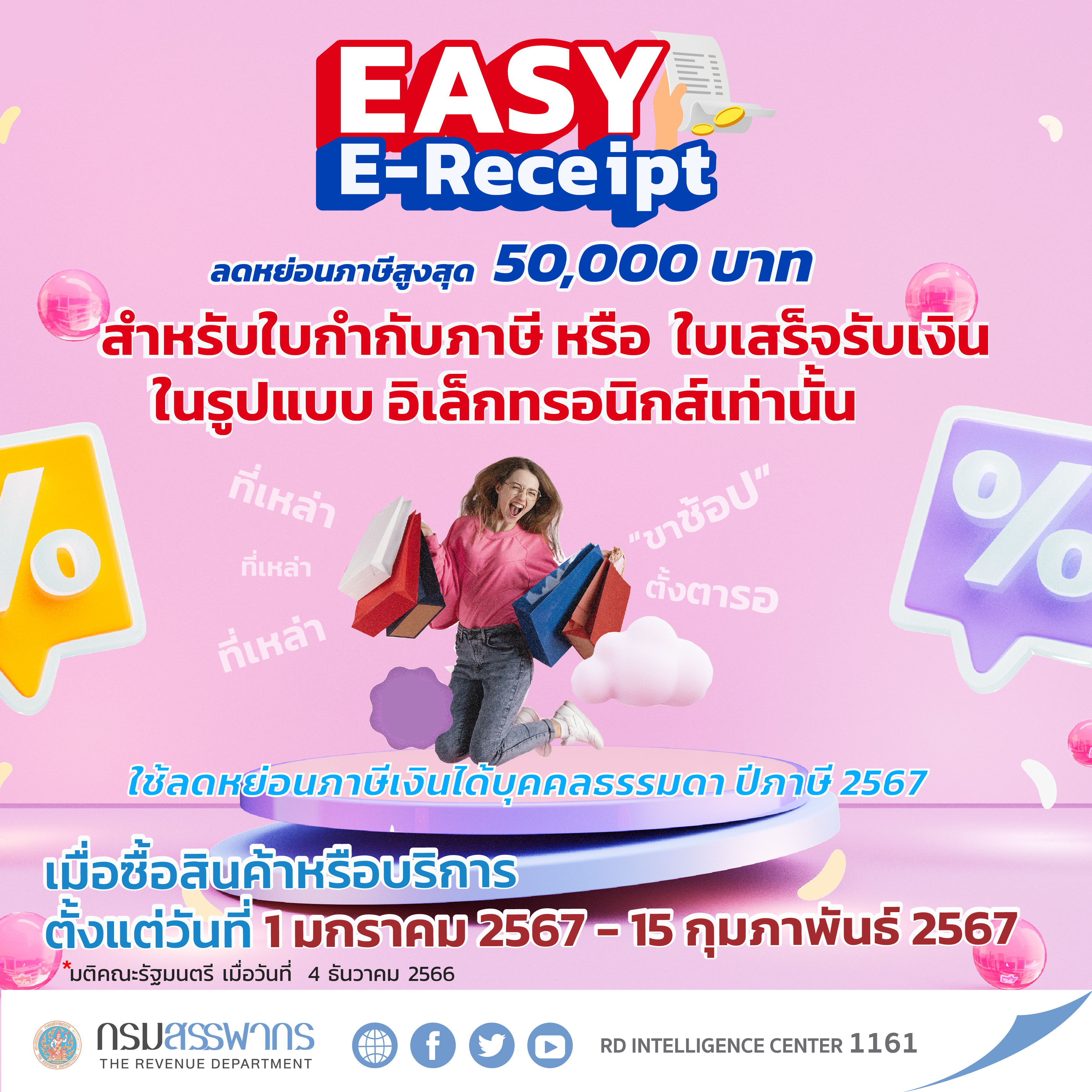 กรมสรรพากรเผยหลักเกณฑ์มาตรการ “Easy E-Receipt” ลดหย่อนสูงสุด 50,000 บาท เริ่ม 1 มกราคม 2567 ถึง 15 กุมภาพันธ์ 2567 เฉพาะที่ได้รับ e-Tax Invoice หรือ e-Receipt เท่านั้น