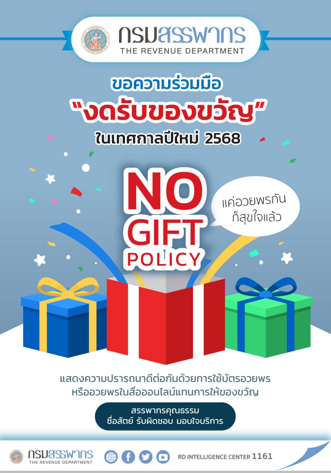 NO GIFT POLICY ขอเชิญชวนทุกท่านอวยพรปีใหม่ พ.ศ.2568 ส่งความปรารถนาดีต่อกัน โดยใช้บัตรอวยพรหรืออวยพรผ่านช่องทางอิเล็กทรอนิกส์แทนการให้ของขวัญ