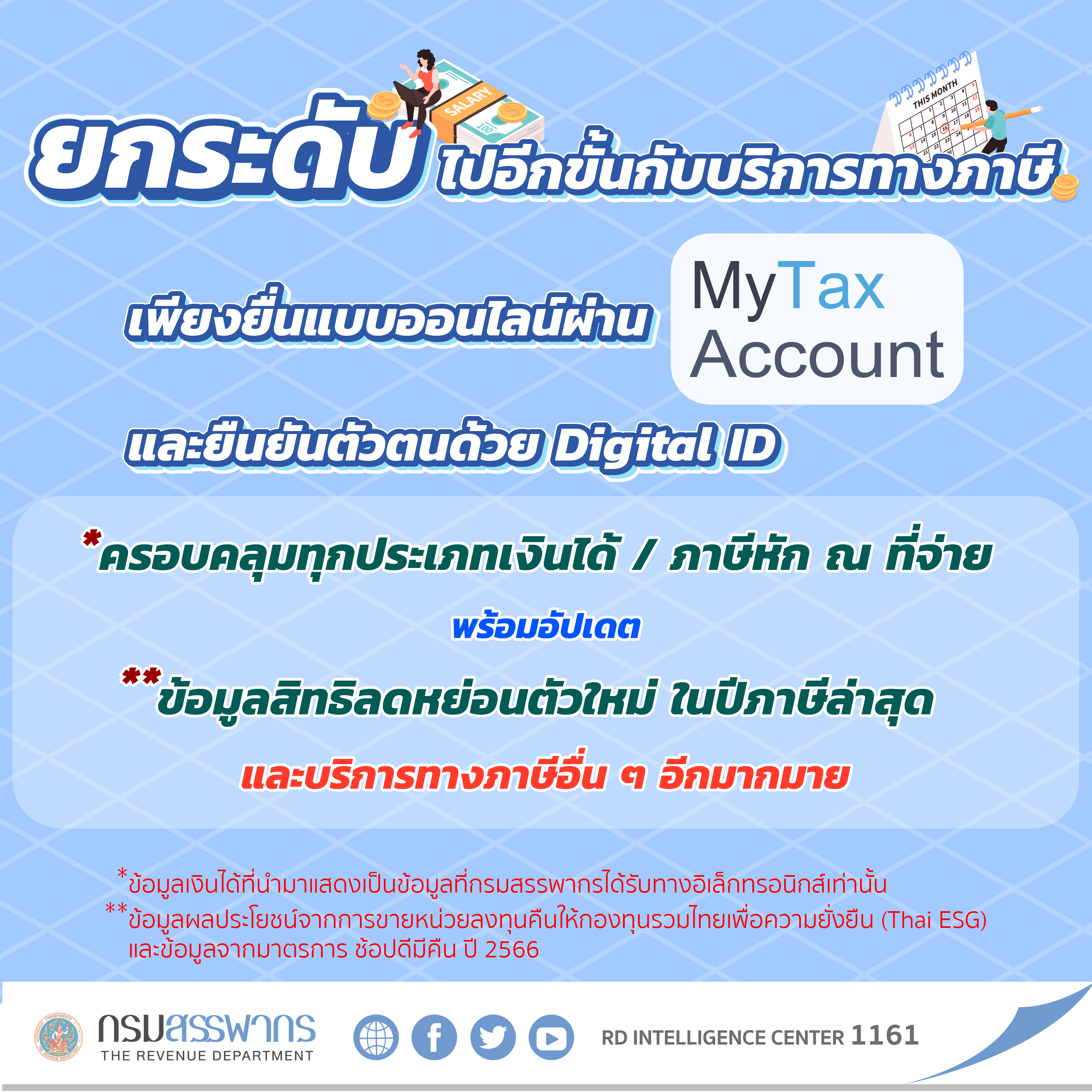 ยกระดับบริการทางภาษี My Tax Account ด้วยการยืนยันตัวตนผ่าน Digital ID ครอบคลุมระบบ Prefill ทุกประเภทเงินได้ / ภาษีหัก ณ ที่จ่าย พร้อมอัปเดตข้อมูลสิทธิลดหย่อนในปีภาษี 2566 และบริการทางภาษีอื่น ๆ อีกมากมาย