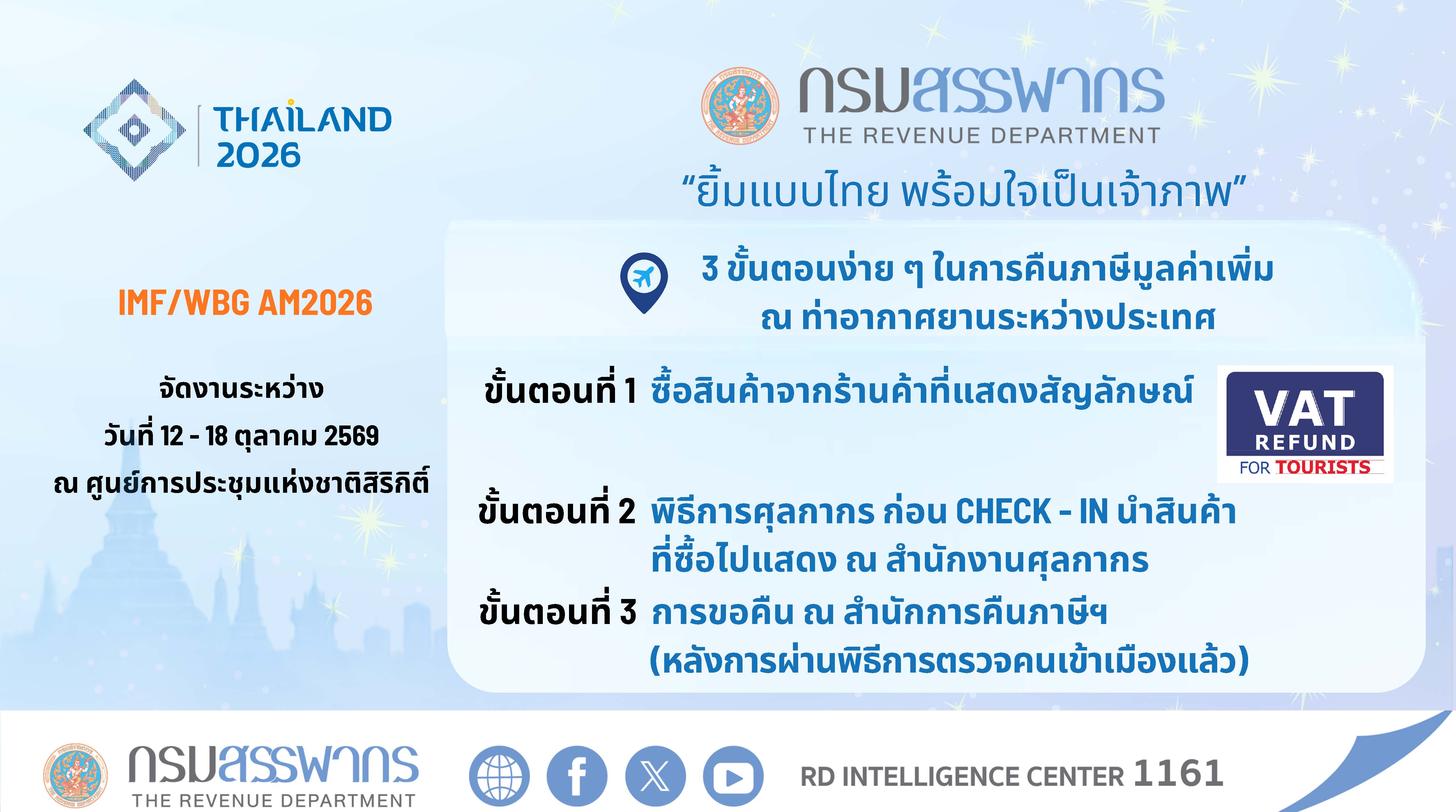 กรมสรรพากรพร้อมทำหน้าที่เจ้าภาพการประชุมระดับโลก IMF-World Bank Group Annual Meetings 2026 จัดงานระหว่างวันที่ 12–18 ตุลาคม 2569 ณ ศูนย์การประชุมแห่งชาติสิริกิติ์