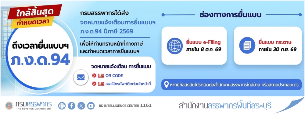 Notification Letter!! กรมสรรพากรได้ส่งจดหมายแจ้งเตือนการยื่นแบบฯ ภ.ง.ด.94 ปีภาษี 2569 เพื่อให้ท่านทราบหน้าที่ทางภาษี และกำหนดเวลาการยื่นแบบฯ