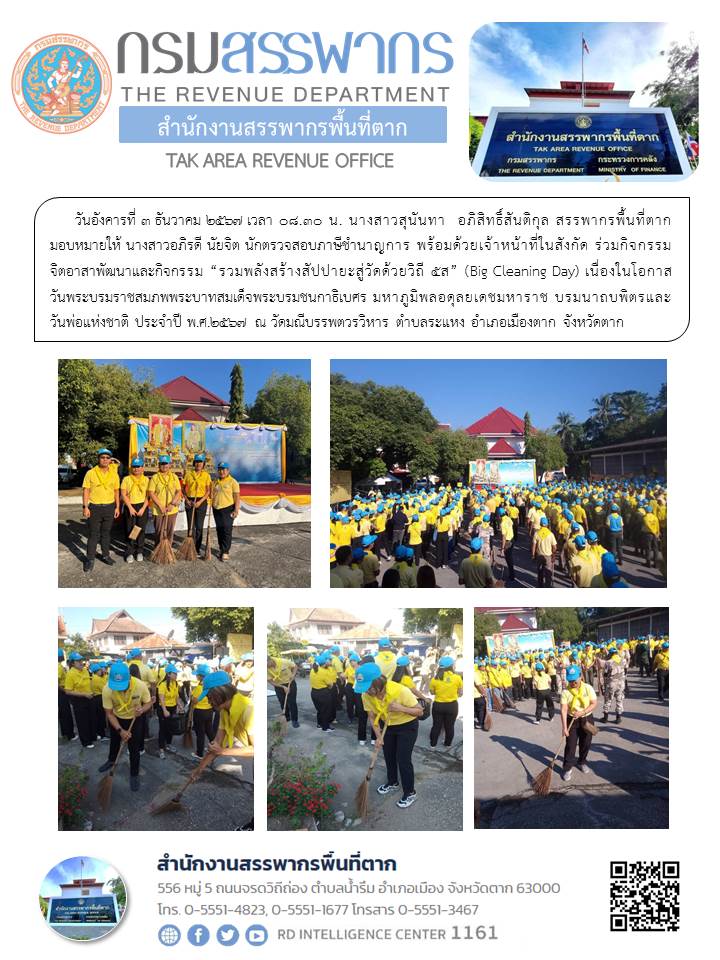 กิจกรรมจิตอาสาพัฒนาและกิจกรรม “รวมพลังสร้างสัปปายะสู่วัดด้วยวิถี 5ส” (Big Cleaning Day) เนื่องในโอกาสวันพระบรมราชสมภพพระบาทสมเด็จพระบรมชนกาธิเบศร มหาภูมิพลอดุลยเดชมหาราช บรมนาถบพิตรและวันพ่อแห่งชาติ ประจำปี พ.ศ.2567