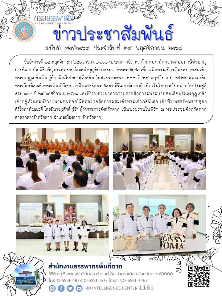 ร่วมพิธีเจริญพระพุทธมนต์และทำบุญตักบาตรถวายพระราชกุศล เพื่อเฉลิมพระเกียรติพระบาทสมเด็จพระมงกุฎเกล้าเจ้าอยู่หัว เนื่องในโอกาสวันคล้ายวันสวรรคตครบ 100 ปี 25 พฤศจิกายน 2568 และเฉลิมพระเกียรติสมเด็จพระเจ้าภคินีเธอ เจ้าฟ้าเพชรรัตนราชสุดา สิริโสภาพัณณวดี เนื่องในโอกาสวันคล้ายวันประสูติครบ 100 ปี 24 พฤศจิกายน 2568