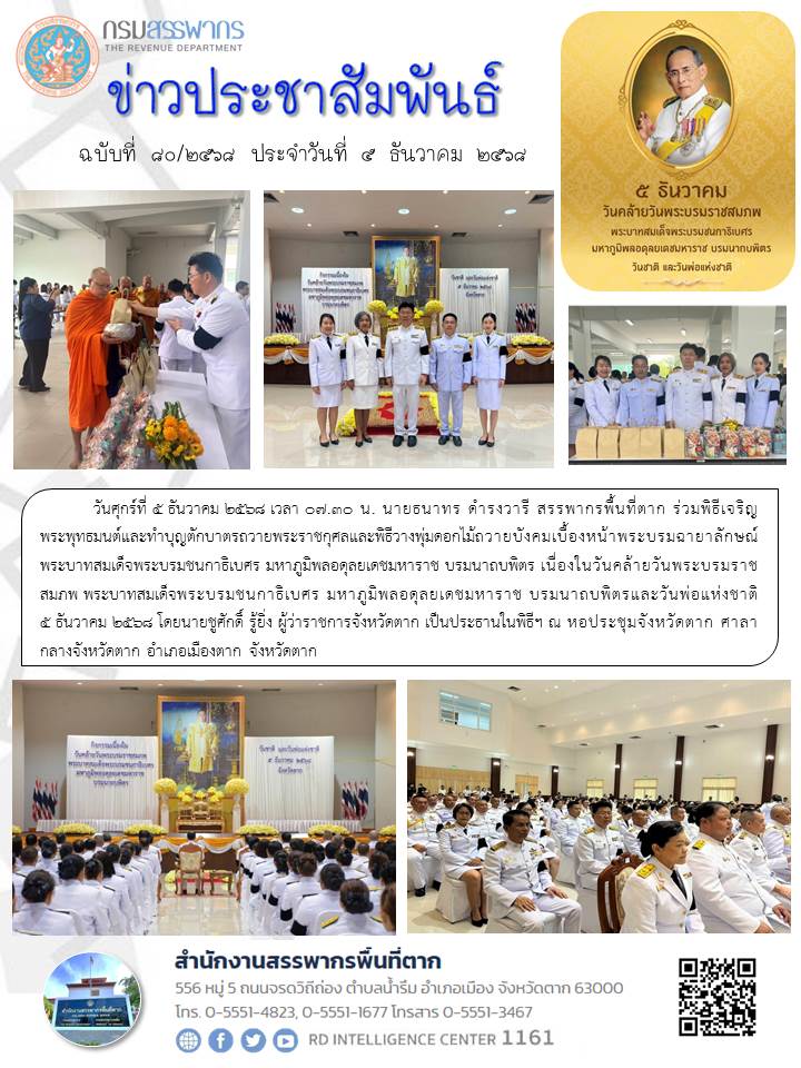 สรรพากรพื้นที่ตากร่วมพิธีเจริญพระพุทธมนต์และทำบุญตักบาตรถวายพระราชกุศลและพิธีวางพุ่มดอกไม้ถวายบังคมเบื้องหน้าพระบรมฉายาลักษณ์พระบาทสมเด็จพระบรมชนกาธิเบศร มหาภูมิพลอดุลยเดชมหาราช บรมนาถบพิตร เนื่องในวันคล้ายวันพระบรมราชสมภพ พระบาทสมเด็จพระบรมชนกาธิเบศร มหาภูมิพลอดุลยเดชมหาราช บรมนาถบพิตรและวันพ่อแห่งชาติ 5 ธันวาคม 2568