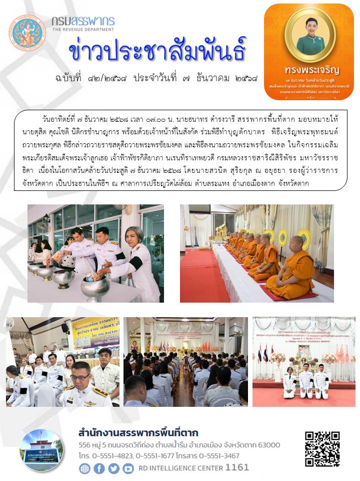 ร่วมพิธีทำบุญตักบาตร  พิธีเจริญพระพุทธมนต์ถวายพระกุศล พิธีกล่าวถวายราชสดุดีถวายพระพรชัยมงคล และพิธีลงนามถวายพระพรชัยมงคล ในกิจกรรมเฉลิมพระเกียรติสมเด็จพระเจ้าลูกเธอ เจ้าฟ้าพัชรกิติยาภา นเรนทิราเทพยวดี กรมหลวงราชสาริณีสิริพัชร มหาวัชรราชธิดา  เนื่องในโอกาสวันคล้ายวันประสูติ 7 ธันวาคม 2568