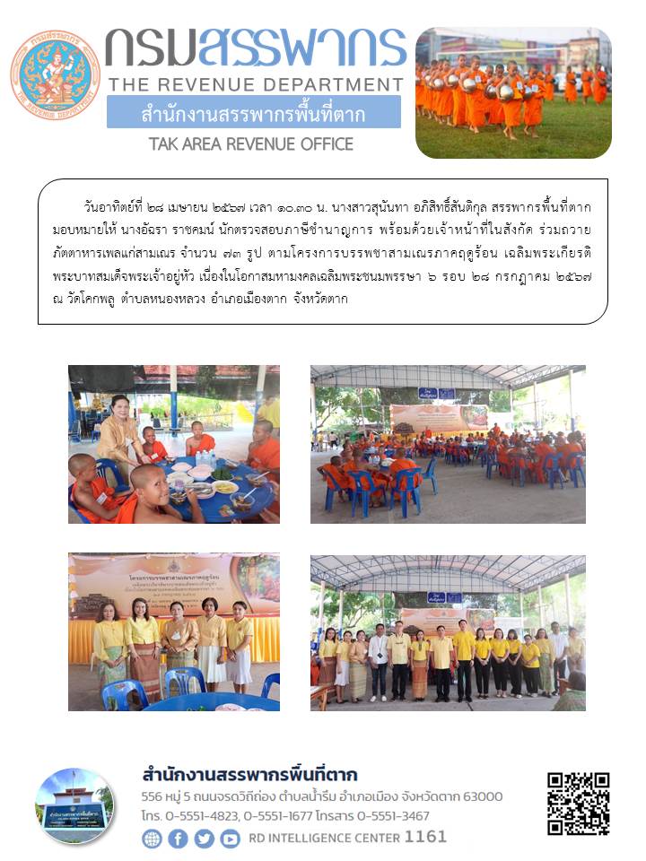 พิธีถวายภัตตาหารเพลแก่สามเณร ตามโครงการบรรพชาสามเณรภาคฤดูร้อน เฉลิมพระเกียรติพระบาทสมเด็จพระเจ้าอยู่หัว เนื่องในโอกาสมหามงคลเฉลิมพระชนมพรรษา 6 รอบ 28 กรกฎาคม 2567