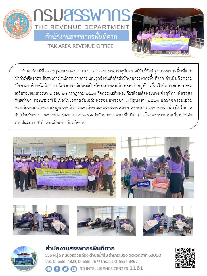 สรรพากรพื้นที่ตาก นำกำลังจิตอาสา ข้าราชการ พนักงานราชการ และลูกจ้างในสังกัดสำนักงานสรรพากรพื้นที่ตาก ดำเนินกิจกรรม 
