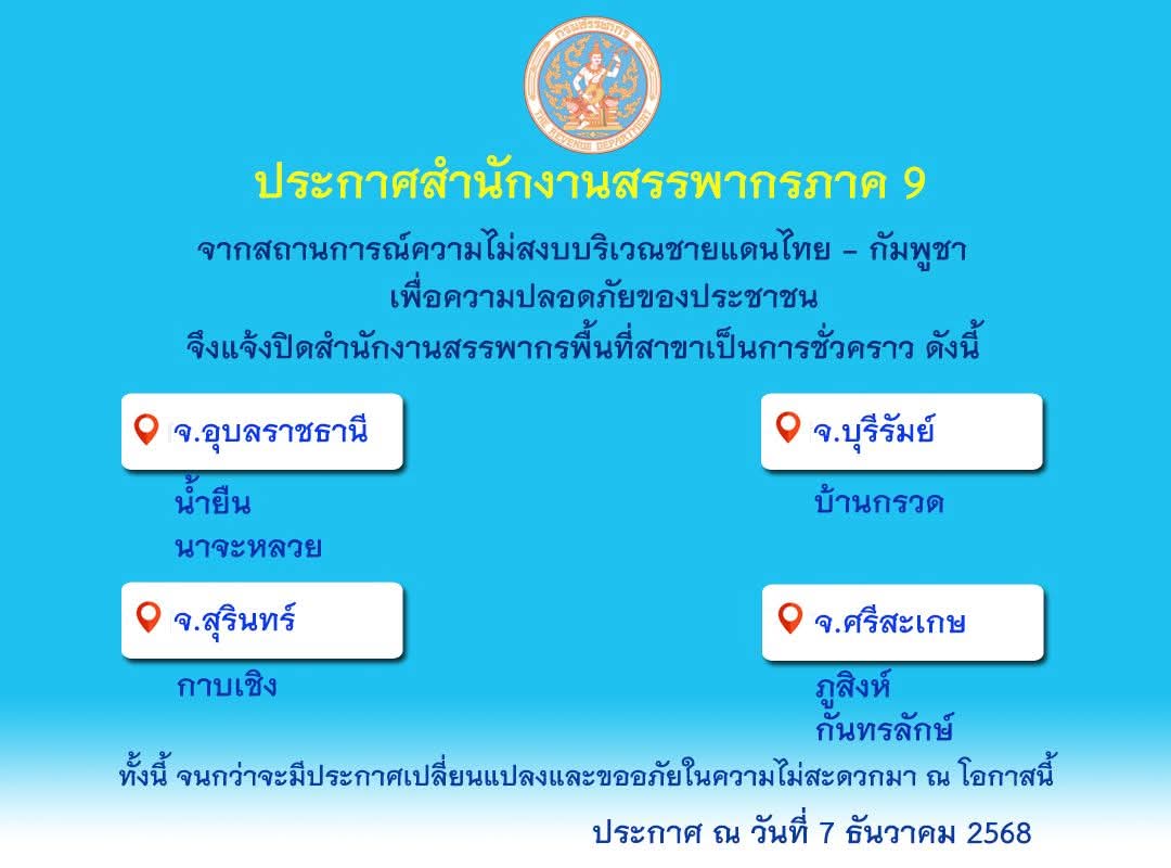 ประชาสัมพันธ์ แจ้งปิด สำนักงานสรรพากรพื้นที่สาขา